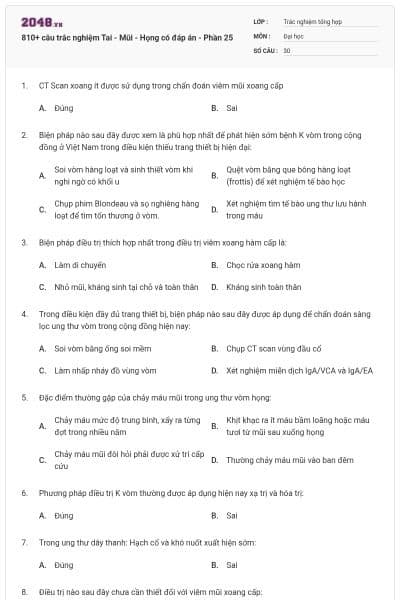 810+ câu trắc nghiệm Tai - Mũi - Họng có đáp án - Phần 25