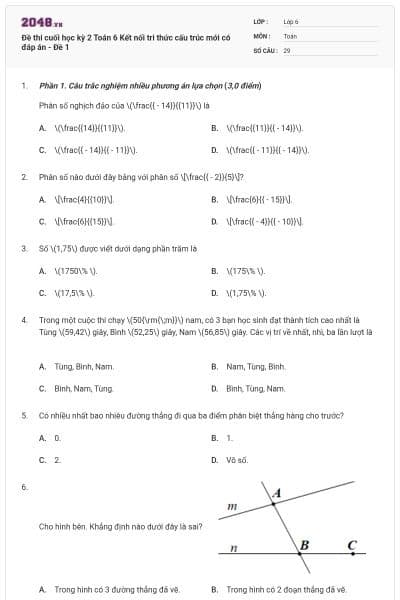 Đề thi cuối học kỳ 2 Toán 6 Kết nối tri thức cấu trúc mới có đáp án - Đề 1