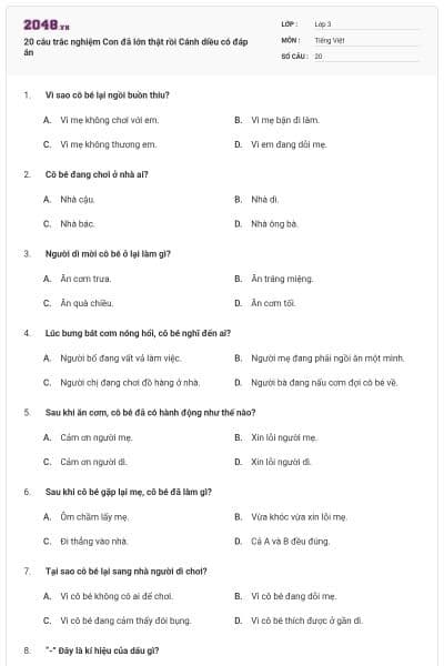 20 câu trắc nghiệm Con đã lớn thật rồi Cánh diều có đáp án