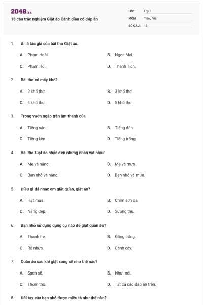 18 câu trắc nghiệm Giặt áo Cánh diều có đáp án