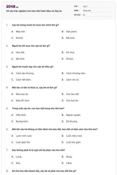 20 câu trắc nghiệm Con heo đất Cánh diều có đáp án