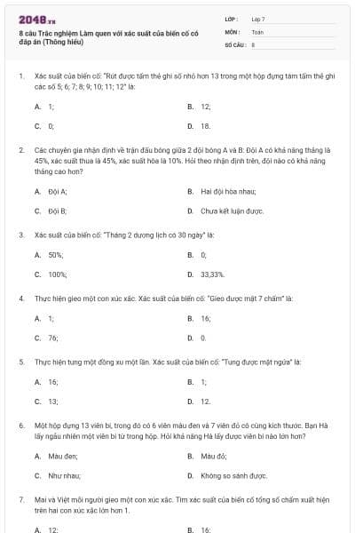 8 câu Trắc nghiệm Làm quen với xác suất của biến cố có đáp án (Thông hiểu)