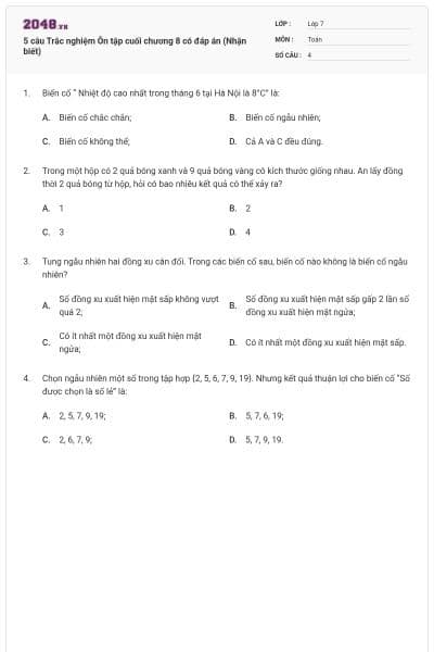 5 câu Trắc nghiệm Ôn tập cuối chương 8 có đáp án (Nhận biết)