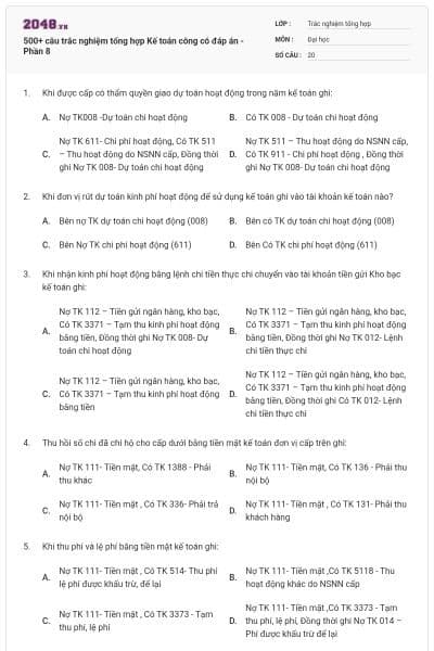500+ câu trắc nghiệm tổng hợp Kế toán công có đáp án - Phần 8