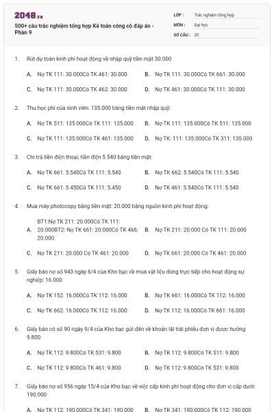 500+ câu trắc nghiệm tổng hợp Kế toán công có đáp án - Phần 9
