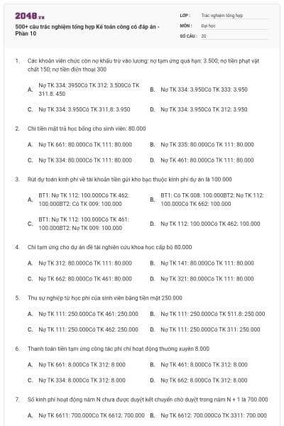 500+ câu trắc nghiệm tổng hợp Kế toán công có đáp án - Phần 10