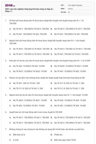 500+ câu trắc nghiệm tổng hợp Kế toán công có đáp án - Phần 11