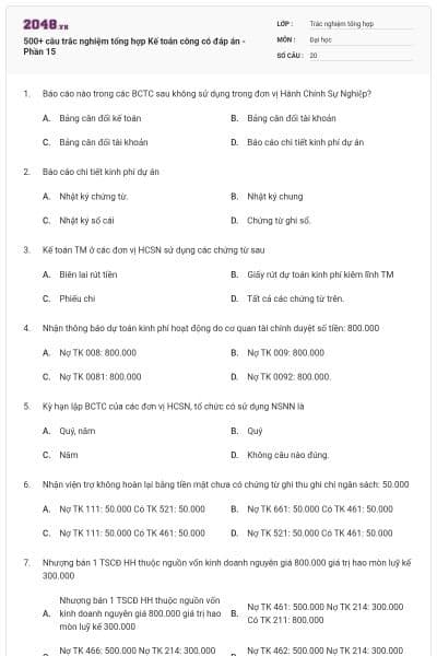 500+ câu trắc nghiệm tổng hợp Kế toán công có đáp án - Phần 15