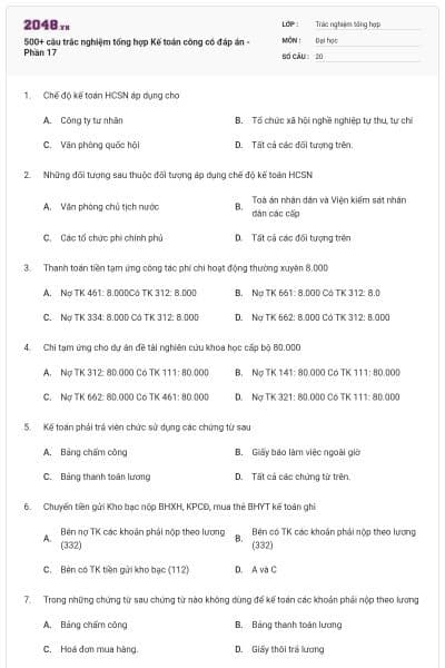500+ câu trắc nghiệm tổng hợp Kế toán công có đáp án - Phần 17