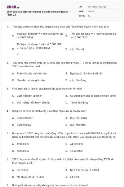 500+ câu trắc nghiệm tổng hợp Kế toán công có đáp án - Phần 23