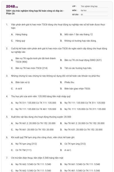 500+ câu trắc nghiệm tổng hợp Kế toán công có đáp án - Phần 26