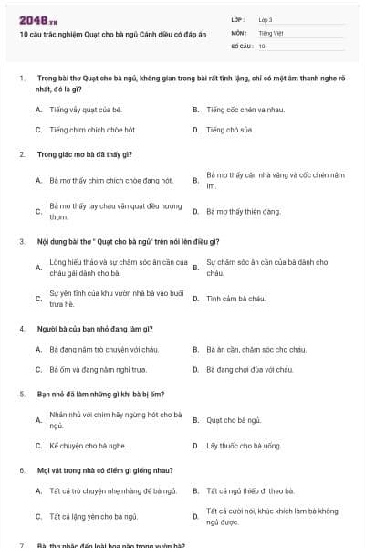 10 câu trắc nghiệm Quạt cho bà ngủ Cánh diều có đáp án