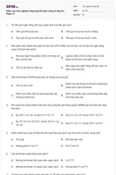 500+ câu trắc nghiệm tổng hợp Kế toán công có đáp án - Phần 31