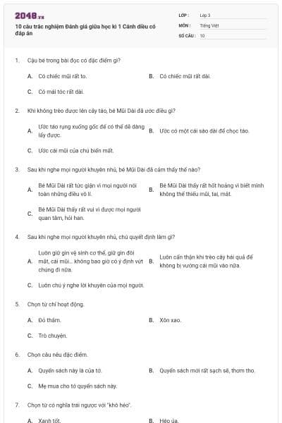10 câu trắc nghiệm Đánh giá giữa học kì 1 Cánh diều có đáp án