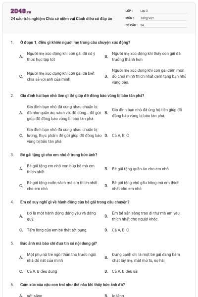 24 câu trắc nghiệm Chia sẻ niềm vui Cánh diều có đáp án