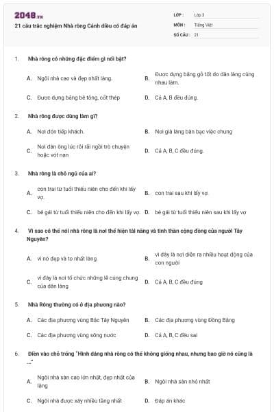 21 câu trắc nghiệm Nhà rông Cánh diều có đáp án