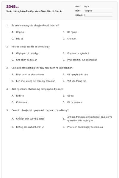 5 câu trắc nghiệm Em đọc sách Cánh diều có đáp án