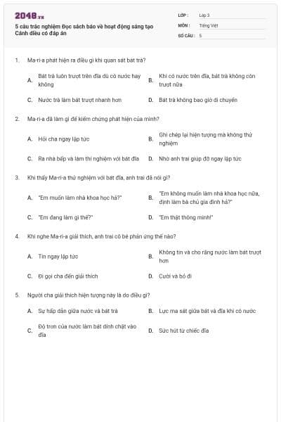 5 câu trắc nghiệm Đọc sách báo về hoạt động sáng tạo Cánh diều có đáp án