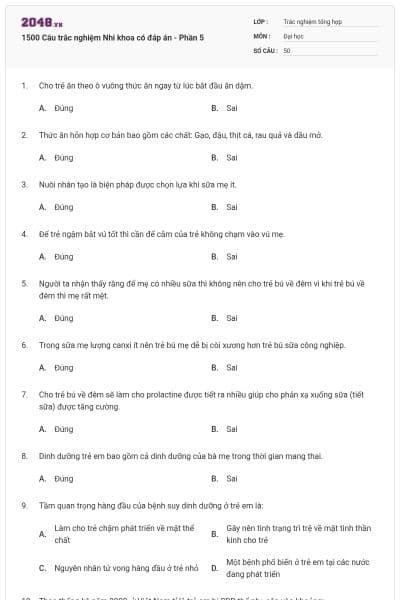 1500 Câu trắc nghiệm Nhi khoa có đáp án - Phần 5
