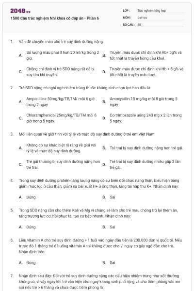 1500 Câu trắc nghiệm Nhi khoa có đáp án - Phần 6