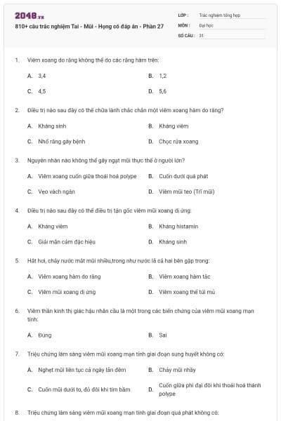 810+ câu trắc nghiệm Tai - Mũi - Họng có đáp án - Phần 27