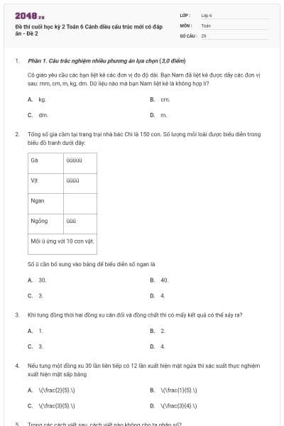 Đề thi cuối học kỳ 2 Toán 6 Cánh diều cấu trúc mới có đáp án - Đề 2