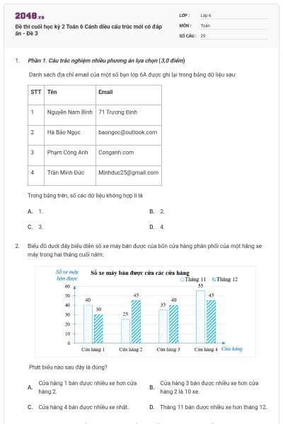Đề thi cuối học kỳ 2 Toán 6 Cánh diều cấu trúc mới có đáp án - Đề 3