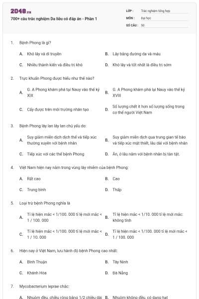 700+ câu trắc nghiệm Da liễu có đáp án - Phần 1
