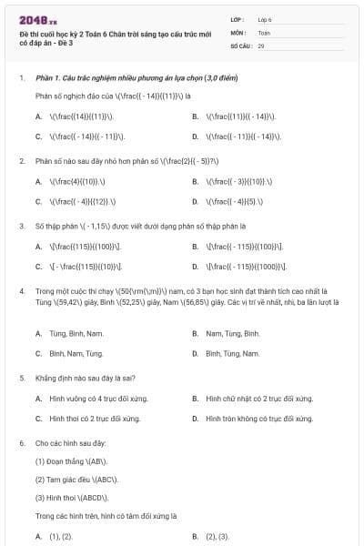 Đề thi cuối học kỳ 2 Toán 6 Chân trời sáng tạo cấu trúc mới có đáp án - Đề 3