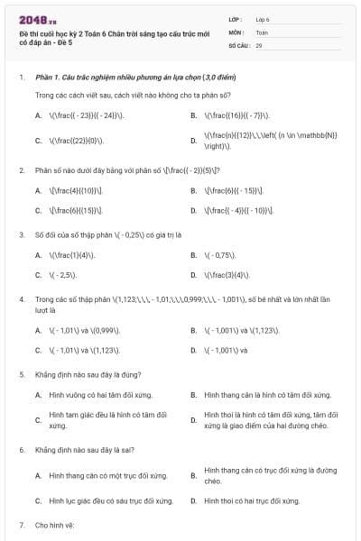Đề thi cuối học kỳ 2 Toán 6 Chân trời sáng tạo cấu trúc mới có đáp án - Đề 5