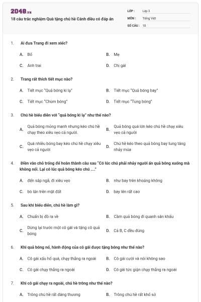 18 câu trắc nghiệm Quà tặng chú hề Cánh diều có đáp án