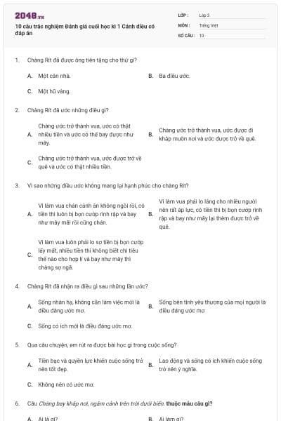 10 câu trắc nghiệm Đánh giá cuối học kì 1 Cánh diều có đáp án