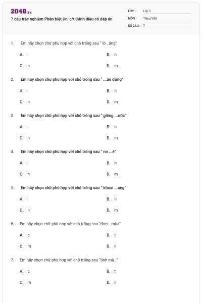 7 câu trắc nghiệm Phân biệt l/n, c/t Cánh diều có đáp án