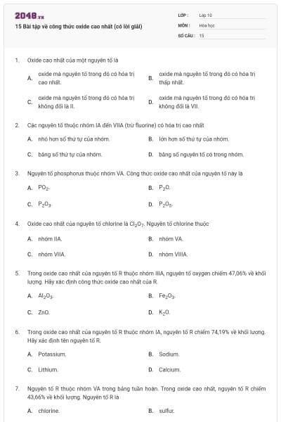 15 Bài tập về công thức oxide cao nhất (có lời giải)