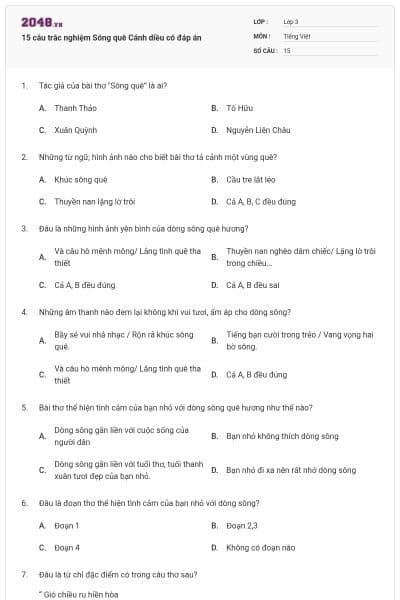 15 câu trắc nghiệm Sông quê Cánh diều có đáp án