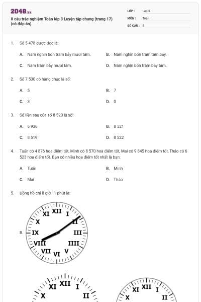 8 câu trắc nghiệm Toán lớp 3 Luyện tập chung (trang 17) (có đáp án)