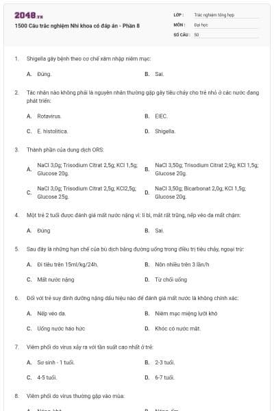 1500 Câu trắc nghiệm Nhi khoa có đáp án - Phần 8