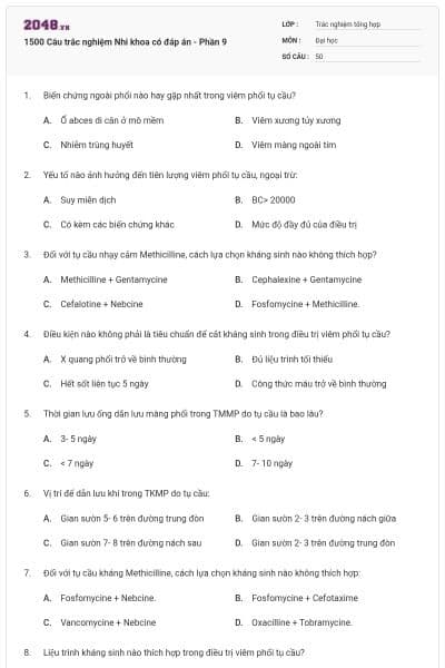 1500 Câu trắc nghiệm Nhi khoa có đáp án - Phần 9