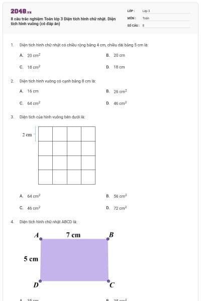 8 câu trắc nghiệm Toán lớp 3 Diện tích hình chữ nhật. Diện tích hình vuông (có đáp án)