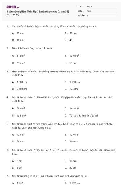 8 câu trắc nghiệm Toán lớp 3 Luyện tập chung (trang 35) (có đáp án)