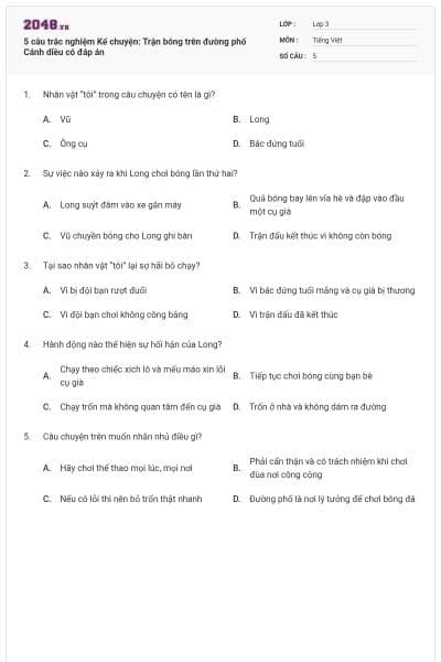 5 câu trắc nghiệm Kể chuyện: Trận bóng trên đường phố Cánh diều có đáp án