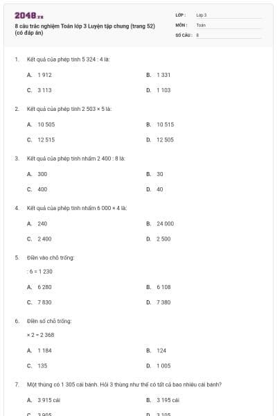 8 câu trắc nghiệm Toán lớp 3 Luyện tập chung (trang 52) (có đáp án)