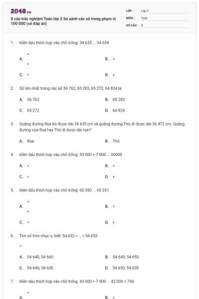 8 câu trắc nghiệm Toán lớp 3 So sánh các số trong phạm vi 100 000 (có đáp án)