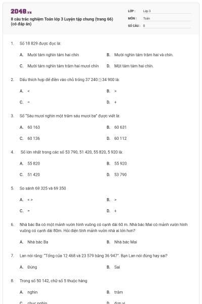 8 câu trắc nghiệm Toán lớp 3 Luyện tập chung (trang 66) (có đáp án)