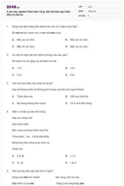 8 câu trắc nghiệm Phân biệt r/d/gi, dấu hỏi/dấu ngã Cánh diều có đáp án