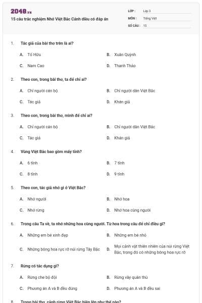 15 câu trắc nghiệm Nhớ Việt Bắc Cánh diều có đáp án