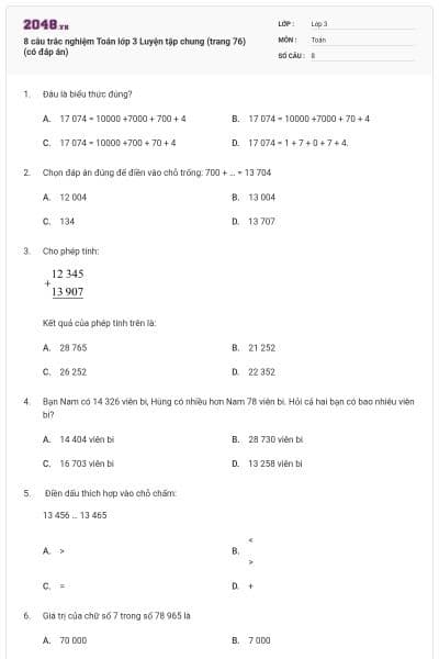 8 câu trắc nghiệm Toán lớp 3 Luyện tập chung (trang 76) (có đáp án)