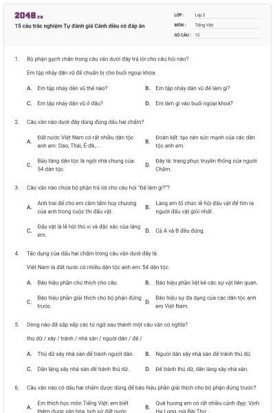 15 câu trắc nghiệm Tự đánh giá Cánh diều có đáp án