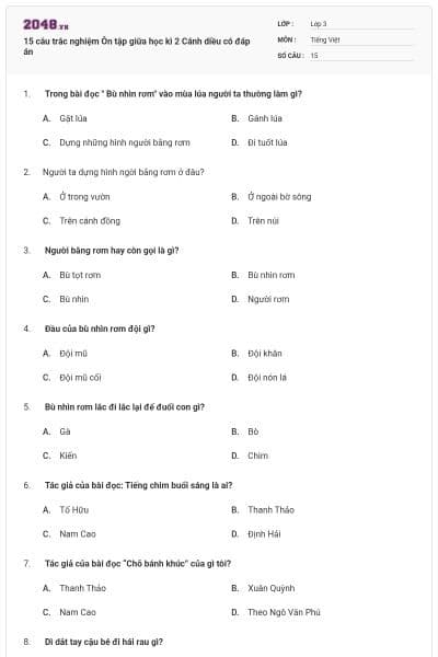 15 câu trắc nghiệm Ôn tập giữa học kì 2 Cánh diều có đáp án