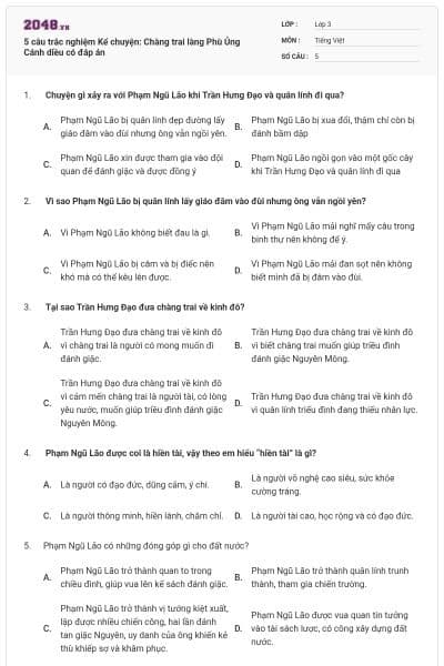 5 câu trắc nghiệm Kể chuyện: Chàng trai làng Phù Ủng Cánh diều có đáp án